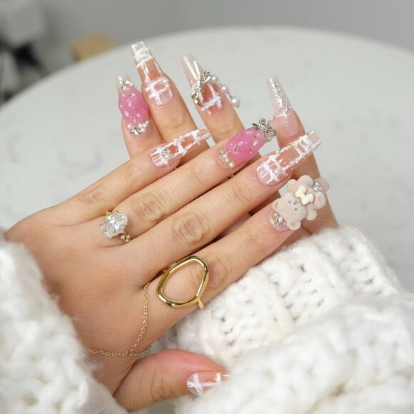 tipsy | Handmade Press On Nails | Long Coffin| 3D Nail | Crochet | Beary Pearly - Picture 3 of 16